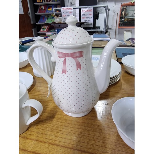 51 - A good quality china and ceramic part tea/ dinner set to include pink polka-dot design Churchill Eng... 