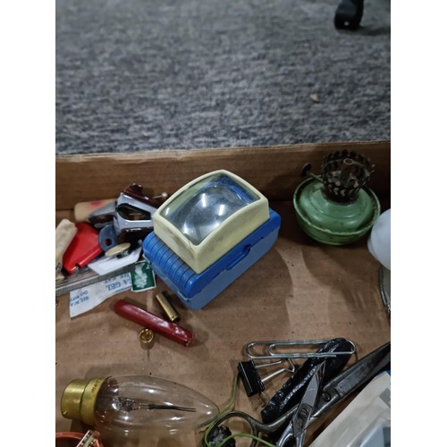 269 - Box full of various collectable items to include miniature kitchen unit with pans, candle holder, Li... 