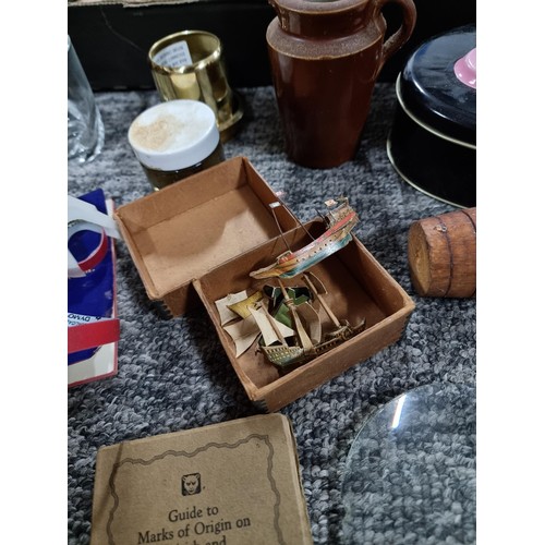 269 - Box full of various collectable items to include miniature kitchen unit with pans, candle holder, Li... 