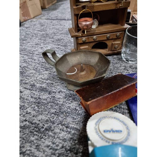 269 - Box full of various collectable items to include miniature kitchen unit with pans, candle holder, Li... 