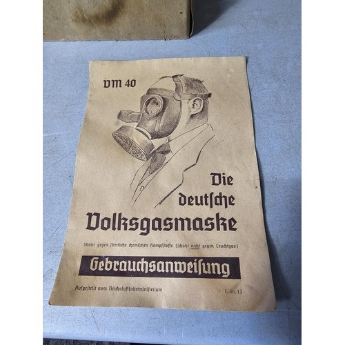 276 - Boxed vintage German WWII ladies gas mask VM F, RL1 39/86, complete with instruction leaflet, made b... 