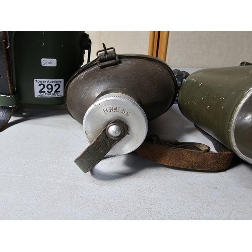 292 - Collection of 3x cased military water carriers with leather straps inc a HRE 59, a W.A.L. 54 and one... 