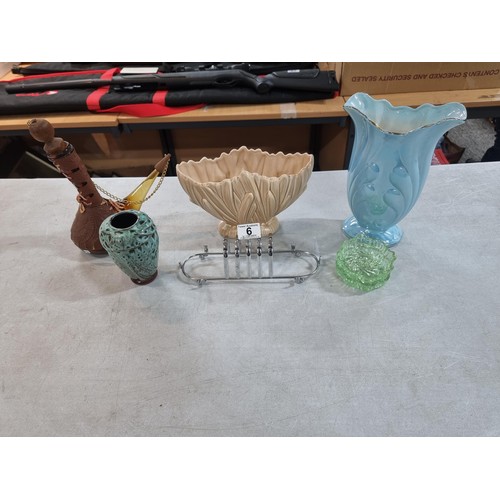 6 - Quantity of collectables inc a Sylvac vase in beige, a blue iridescent vase by Maling, a green studi... 