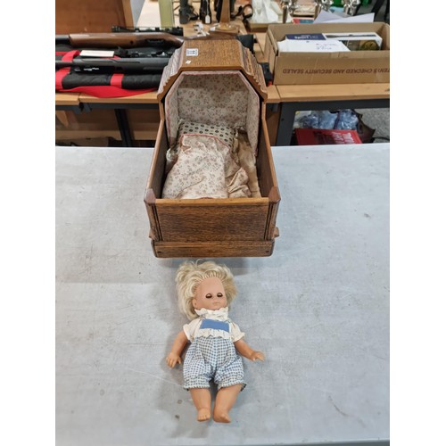 11 - Vintage wooden manger made from a converted sewing box in good order with a small doll inside, hand ... 