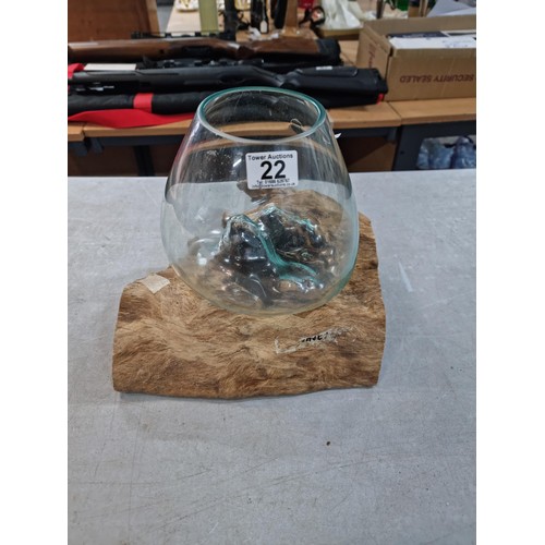 22 - Solid piece of drift wood with a hand made molded glass bowl to the top, in good order, Measures hei... 