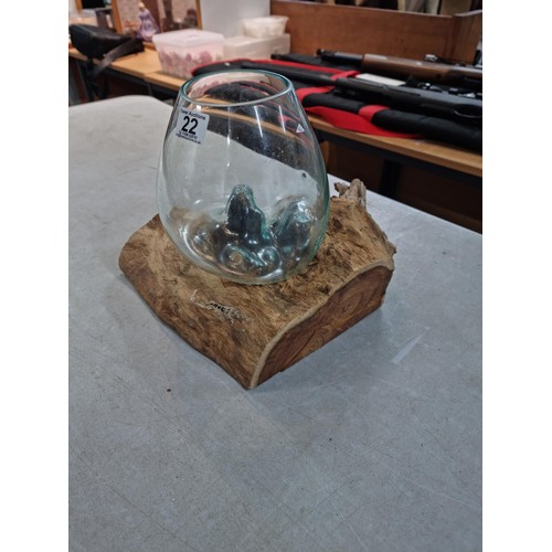 22 - Solid piece of drift wood with a hand made molded glass bowl to the top, in good order, Measures hei... 