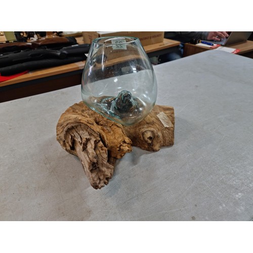 22 - Solid piece of drift wood with a hand made molded glass bowl to the top, in good order, Measures hei... 