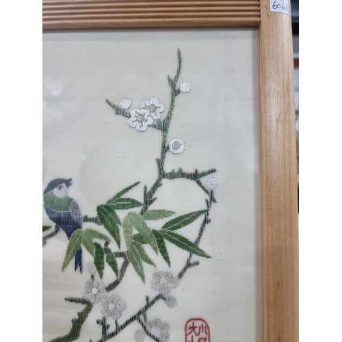 25 - Framed & glazed antique oriental silk hand embroidered of a bird on a Prunus tree, hand signed, heig... 