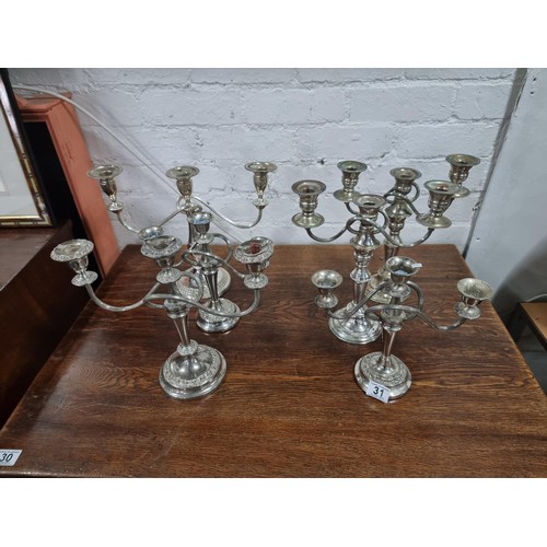 31 - Collection of 6x 3 tier silver plate candelabras with scroll design inc a pair by Lanthe and a singl... 