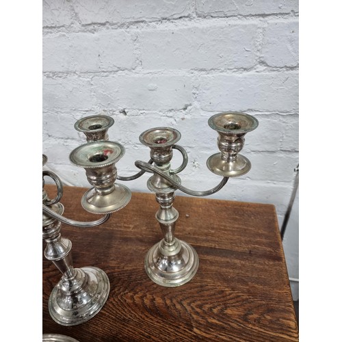 31 - Collection of 6x 3 tier silver plate candelabras with scroll design inc a pair by Lanthe and a singl... 