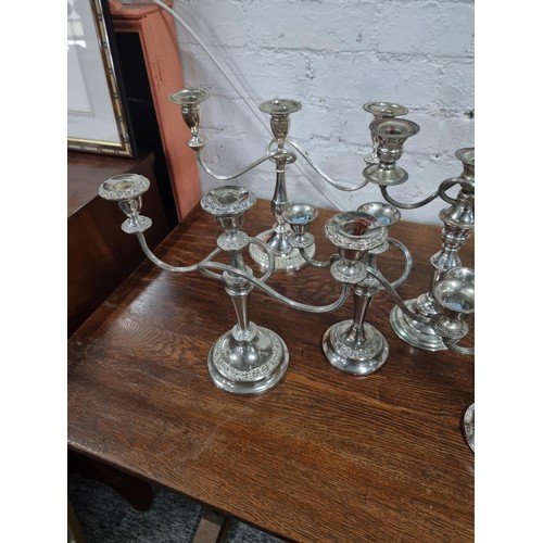 31 - Collection of 6x 3 tier silver plate candelabras with scroll design inc a pair by Lanthe and a singl... 