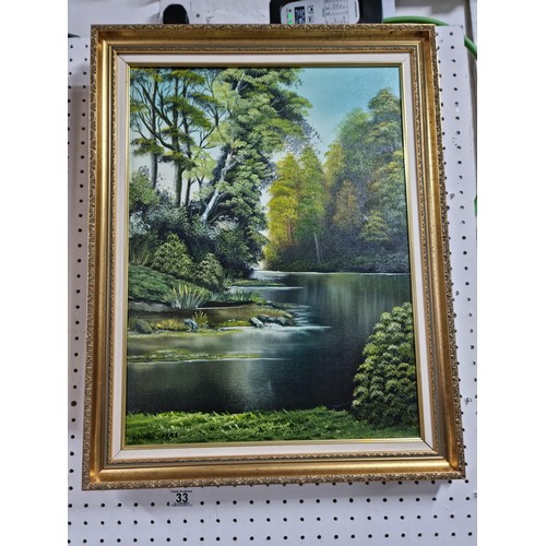 33 - Gilt framed original oil on canvas of a river scene, very well executed and in good order signed to ... 