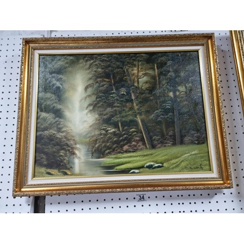 34 - Gilt framed oil on canvas painting of a woodland scene, well executed signed to the lower right by l... 