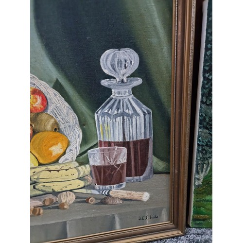 40 - 2x oil paintings by local artist J. C. Clark inc a framed oil on board of a still life scene along w... 