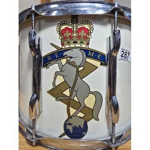 55 - A genuine military Royal Electrical Mechanical Engineers marching side drum marked Premier, having a... 