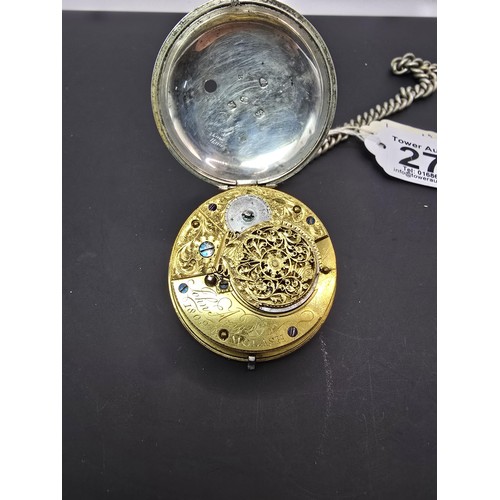 274 - A good quality antique halmarked silver early fusee pocket watch along with outer H.M silver case fe... 