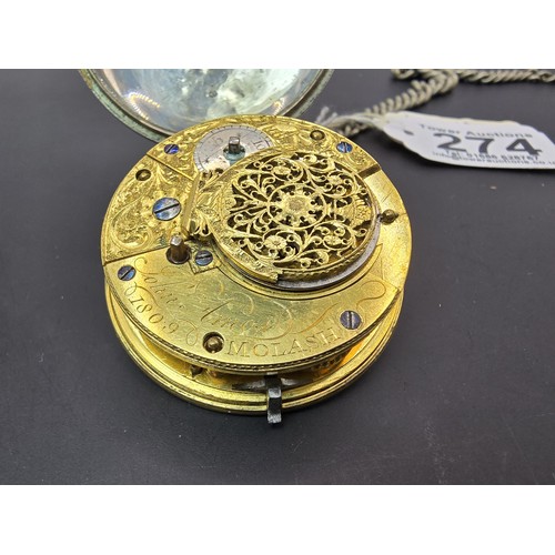 274 - A good quality antique halmarked silver early fusee pocket watch along with outer H.M silver case fe... 