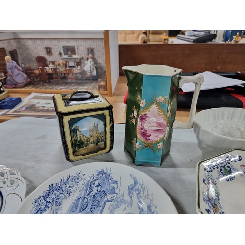 16 - A shelf full of collectable ceramics including a Royal Worcester Evesham tureen, a Crown Devon servi... 