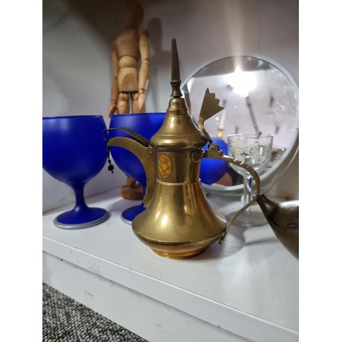 5 - Quantity of collectables inc an antique cicada lidded teapot in clay pottery, an Arabic brass coffee... 