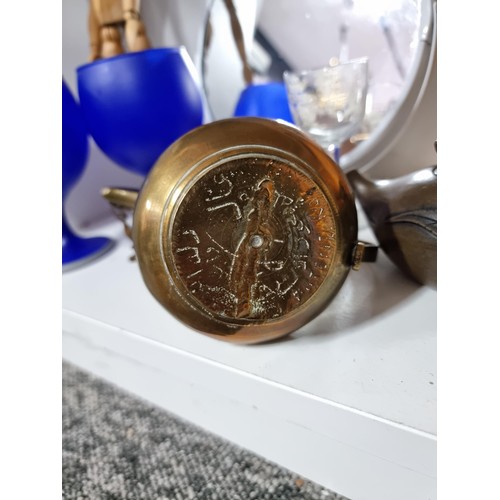5 - Quantity of collectables inc an antique cicada lidded teapot in clay pottery, an Arabic brass coffee... 