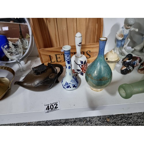 5 - Quantity of collectables inc an antique cicada lidded teapot in clay pottery, an Arabic brass coffee... 