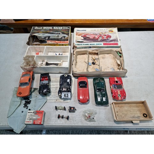 63 - Collection of slot car racing cars along with two boxes for slot cars inc a Revell model racer sting... 