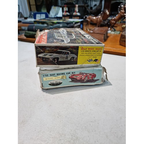 63 - Collection of slot car racing cars along with two boxes for slot cars inc a Revell model racer sting... 