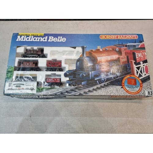 83 - Large 3ft x 4ft board layout with a single loop 00 gauge Hornby track along with a boxed Midland Bel... 