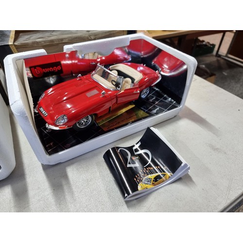 98 - 3x good quality boxed Burago diecast cars inc a Jaguar E Type cabriolet 25th anniversary, Ferrari 55... 
