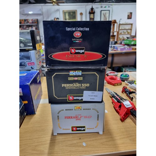 98 - 3x good quality boxed Burago diecast cars inc a Jaguar E Type cabriolet 25th anniversary, Ferrari 55... 