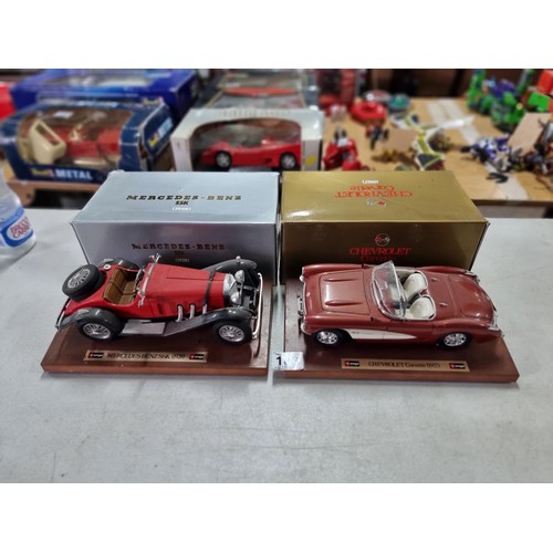 103 - 2 boxed Burago diecast cars on wooden plinths including a Mercedes Benz SSK 1928 and a Chevrolet Cor... 