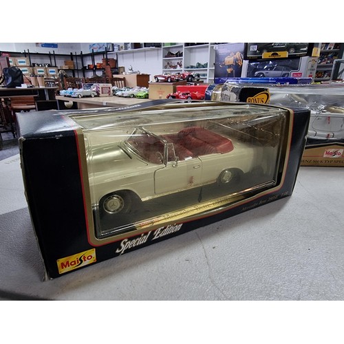 104 - 3 boxed Maisto boxed diecast vehicles including special edition Porsche boxter, a Mercedes Benz 280S... 