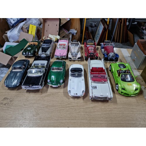 106 - A collection of 12 unboxed diecast cars including a Burago Giugiaro, a Maisto Cadillac 1959, a Burag... 