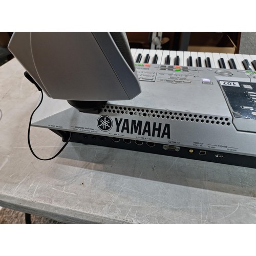 107 - A Yamaha Tyros II, 61 key workstation synthesizer/keyboard, includes its clip on speakers and workin... 