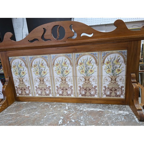27A - Stunning clean example antique mahogany wash stand featuring a stuning 5 tile back with a daffodil a... 