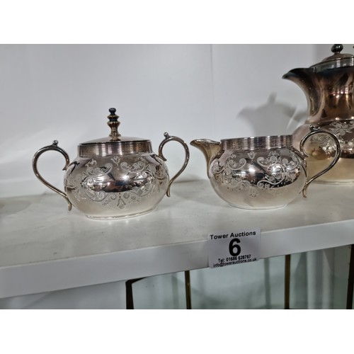 6 - Set of Cooper Brothers & Sons silver plated tea set, consisting of a Teapot on a stand, milk jug, li... 