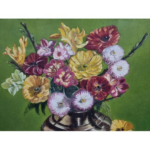 14 - Good quality unframed oil on board of a still life scene of flowers in a copper vase, well executed ... 