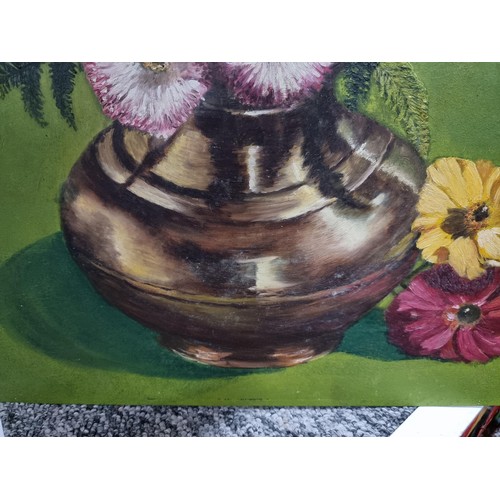 14 - Good quality unframed oil on board of a still life scene of flowers in a copper vase, well executed ... 