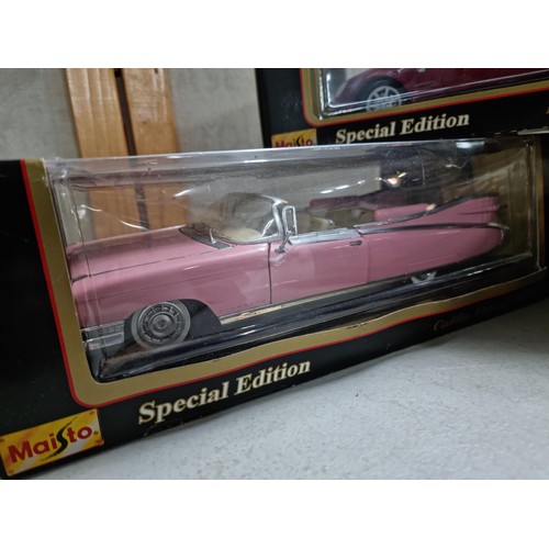 62 - 3x as new Maisto 1:18 scale diecast cars to include a Cadillac Eldorado, a Jauar XK8, etc.