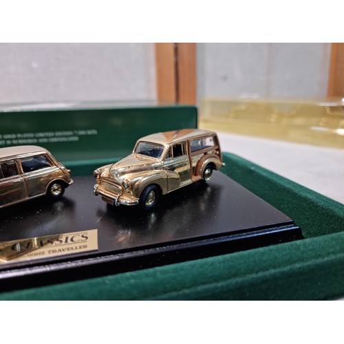 82 - An impressive limited edition gold plated 3 car sets on plinths by Lledo which includes British moto... 