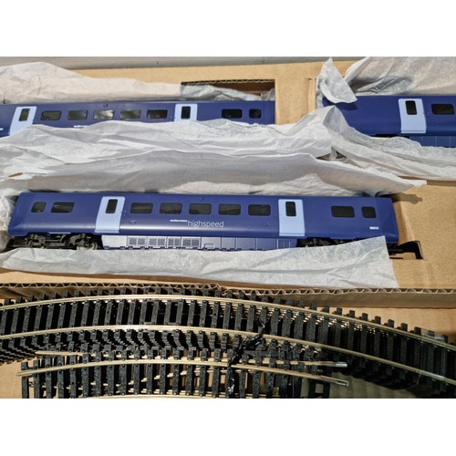 89 - A boxed as new Hornby R1139 Blue Rapier train set featuring a Hitachi clasp 395 three car set, oval ... 