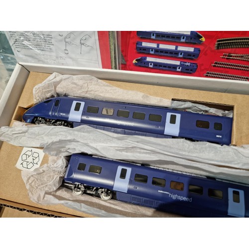 89 - A boxed as new Hornby R1139 Blue Rapier train set featuring a Hitachi clasp 395 three car set, oval ... 