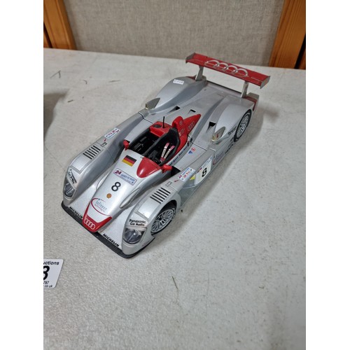 98 - 2x large 1:18 scale diecast racing cars Maisto to include an Audi R8 Le mans and a Mercedes CLK LM.