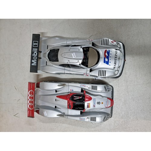 98 - 2x large 1:18 scale diecast racing cars Maisto to include an Audi R8 Le mans and a Mercedes CLK LM.