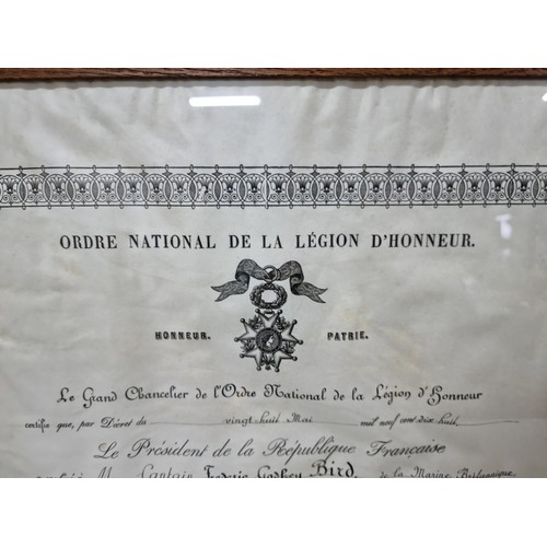 26 - An antique framed and glazed certificate for the National Order of the Legion of Honour, the highest... 