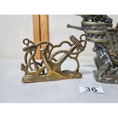 36 - 2 good quality solid brass items to include a vintage galleon ship figure showing good intricate det... 