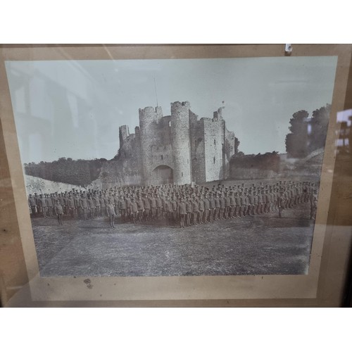 42 - 2x framed and glazed large photographs of British military regiment squads standing outside a castle... 