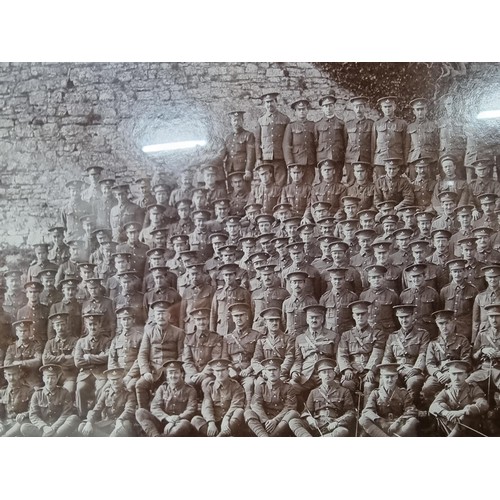 42 - 2x framed and glazed large photographs of British military regiment squads standing outside a castle... 