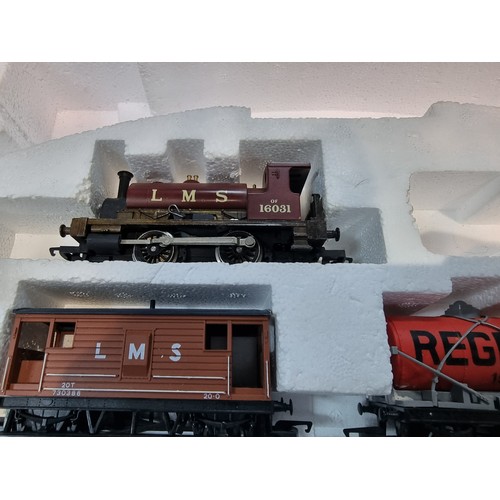 90 - Large 3ft x 4ft board layout with a single loop 00 gauge Hornby track along with a boxed Midland Bel... 