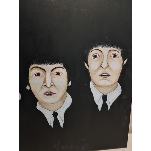 11 - An original acrylic on canvas painting of a caricature of The Beatles.  L-R George, Ringo, John and ... 